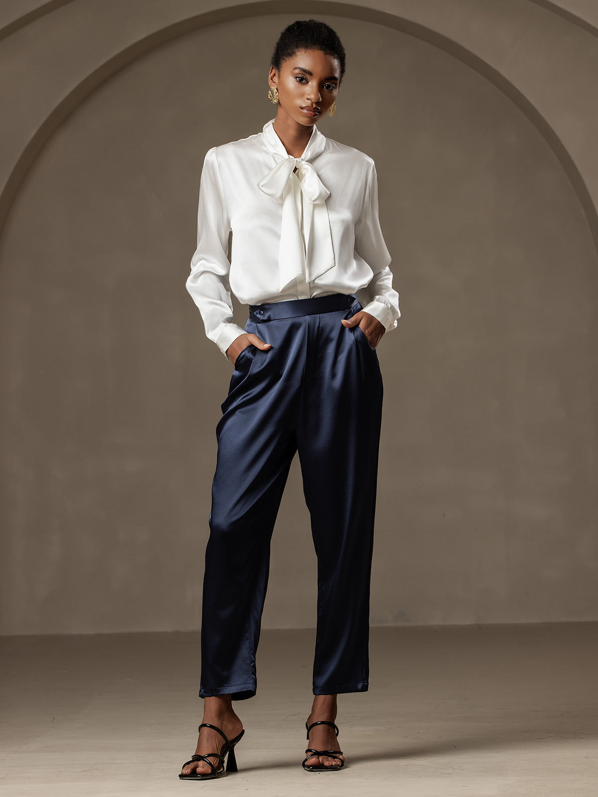 [Tummansininen] SilkSilky-FI 19Momme Womens Pants 001