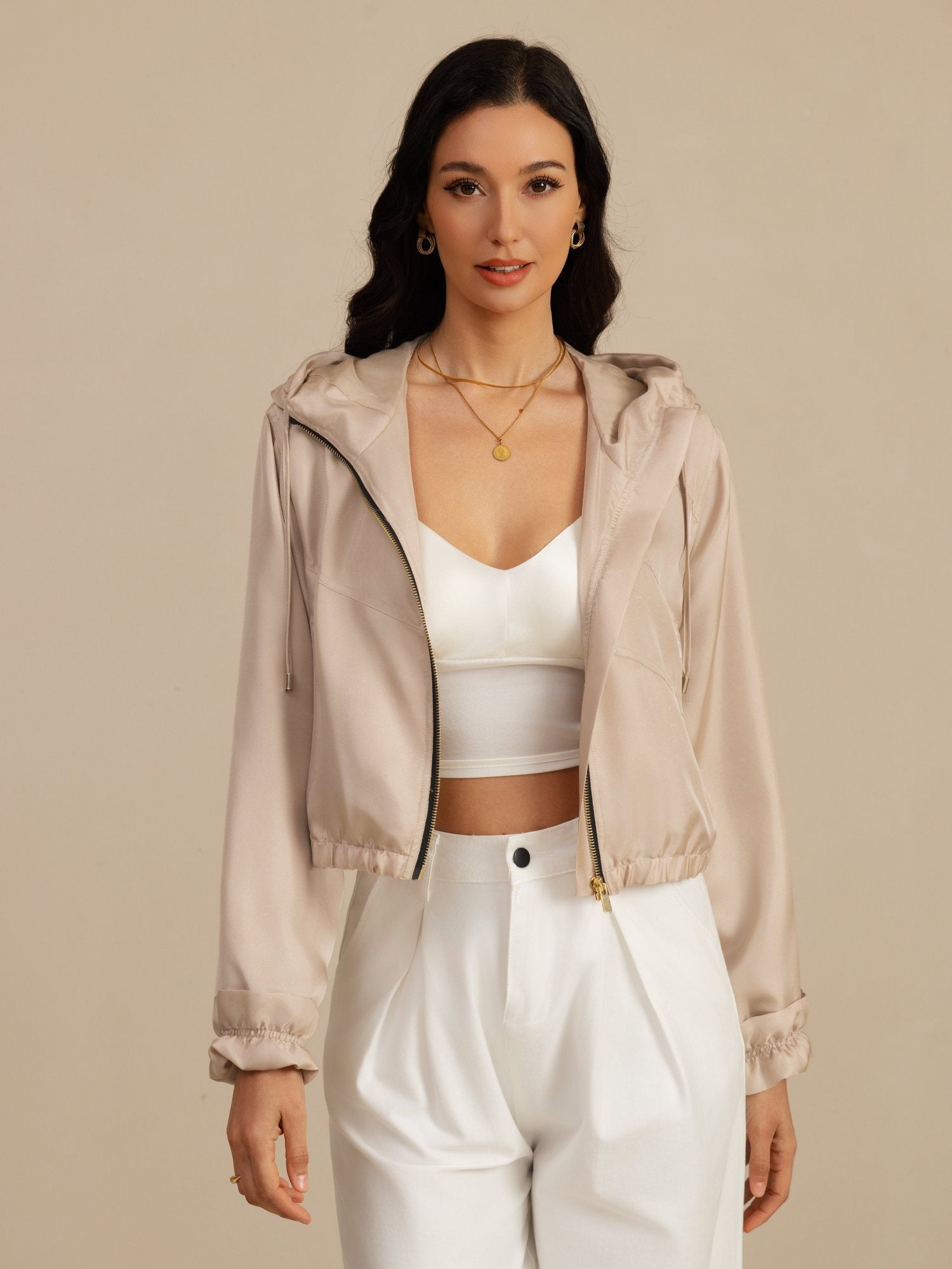 [Tan] SilkSilky-FI 18Momme Pitkähihainen Korkea Kaulus Naisten Päällysvaatteet 005