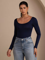 [Tummansininen] SilkSilky-FI Long Sleeve U kaula Naisten T-paita 001