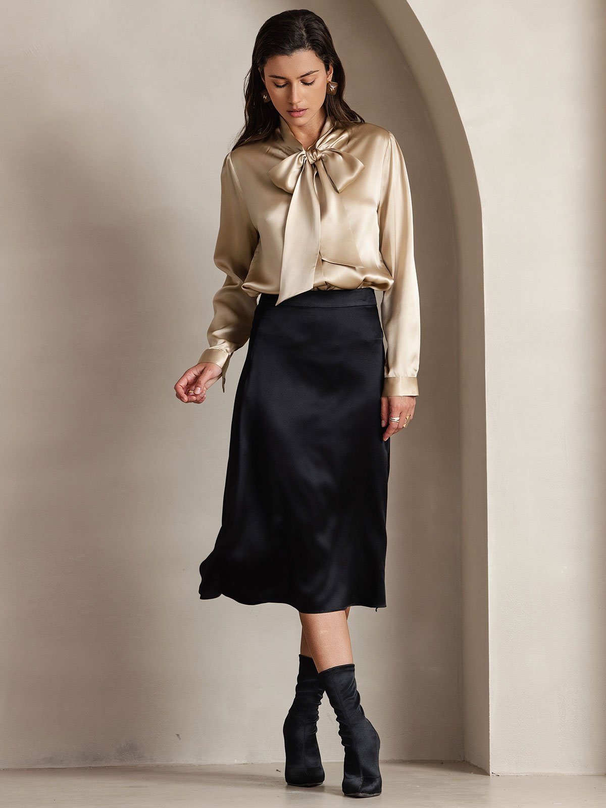[Samppanja] SilkSilky-FI 19Momme Silk Long Sleeve Tie Neck Naisten paita 006