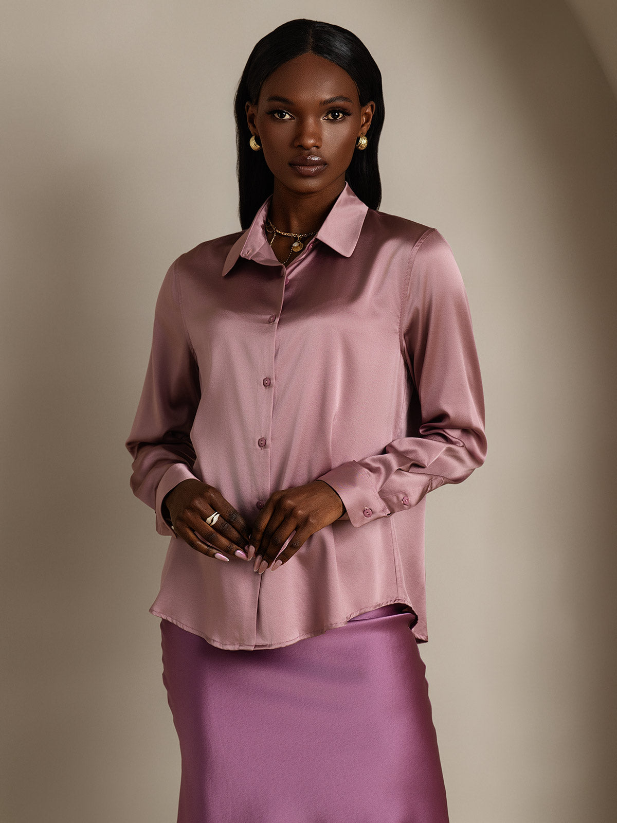 [Vaalean Mauve] SilkSilky-FI Lapel Collar Naisten paita 006