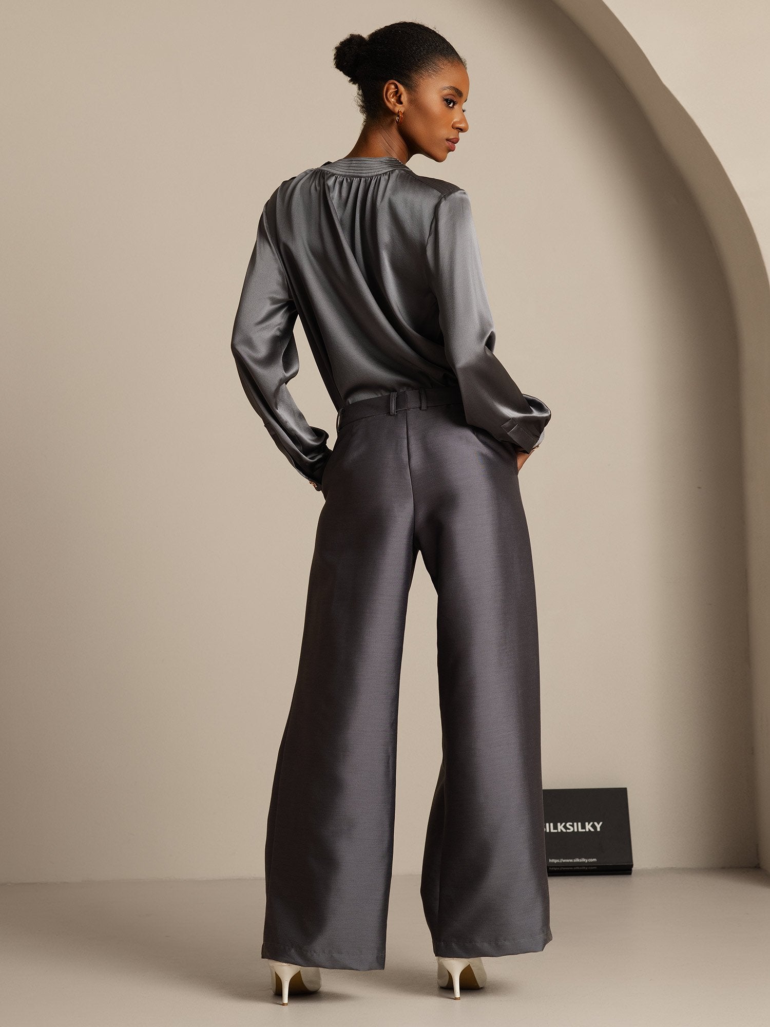 [Harmaa] SilkSilky-FI 32Momme Silk-Wool Blend Womens Pants 002,