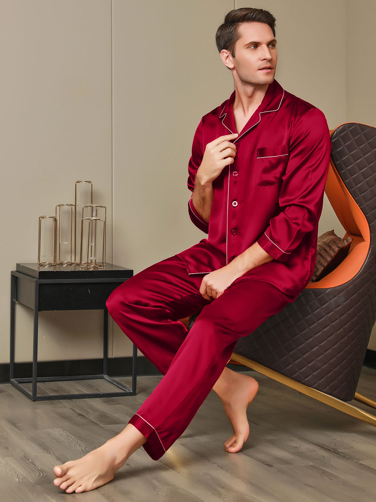 [Punainen] SilkSilky-FI 19Momme Mens Pajamas 006