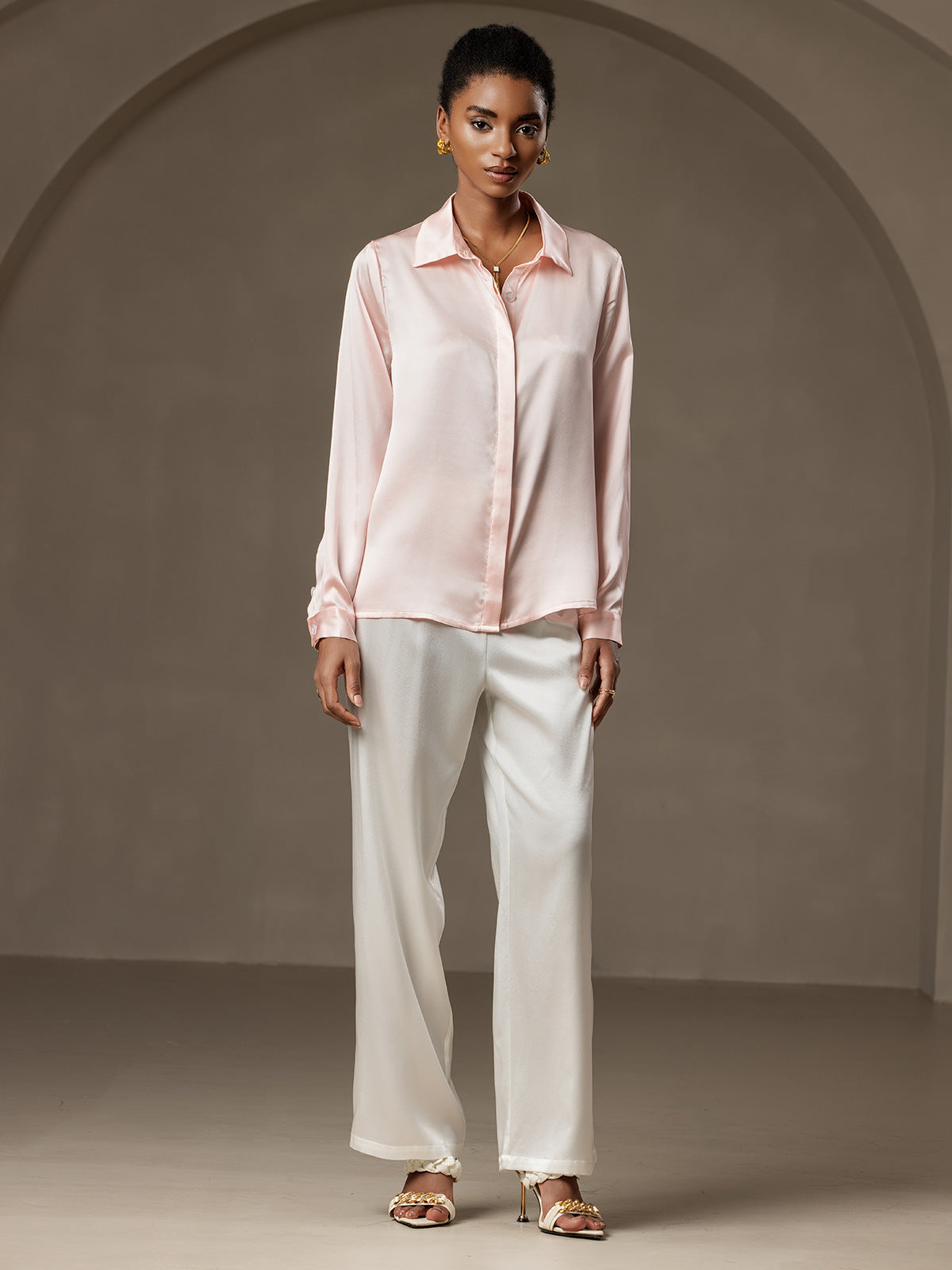 [Pinkki] SilkSilky-FI 19Momme Lapel Collar Naisten paita 007