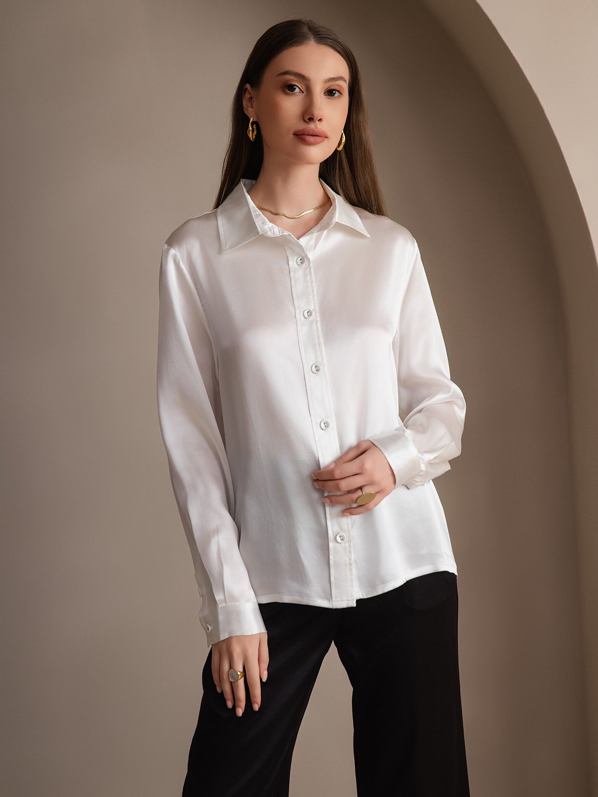 [Valkoinen] SilkSilky-FI 19Momme Silk Long Sleeve Collar Naisten paita 004