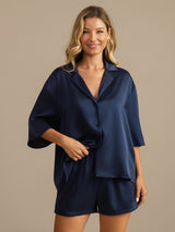 [Tummansininen] SilkSilky-FI 19Momme Puolihiha Notkokaulus Naisten Pyjamat 004