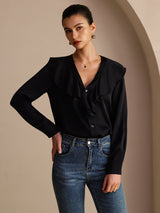 [Musta] SilkSilky-FI Long Sleeve Deep V Neck Naisten Puserot 004