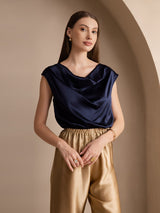 [Tummansininen] SilkSilky-FI Cap Sleeve Cowl Neck Naisten T-paita 003