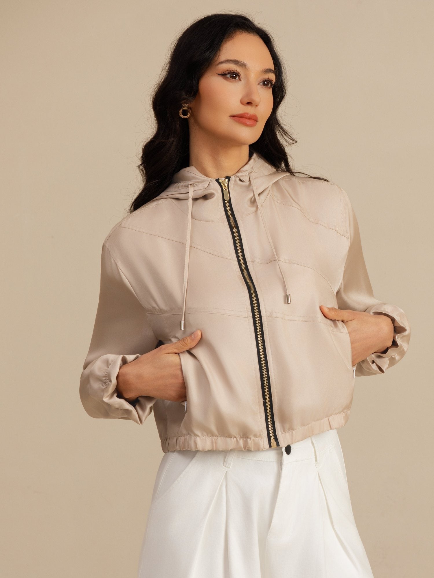 [Tan] SilkSilky-FI 18Momme Pitkähihainen Korkea Kaulus Naisten Päällysvaatteet 004