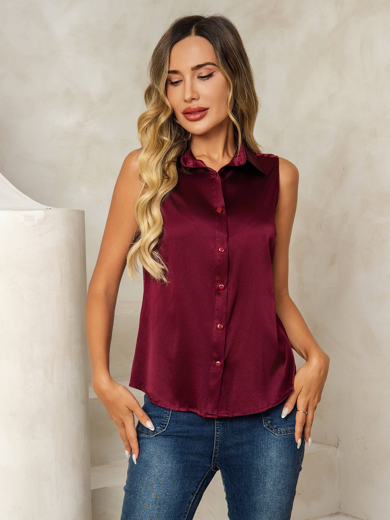 [Tummanpunainen] SilkSilky-FI 19Momme Lapel Collar Naisten paita 005