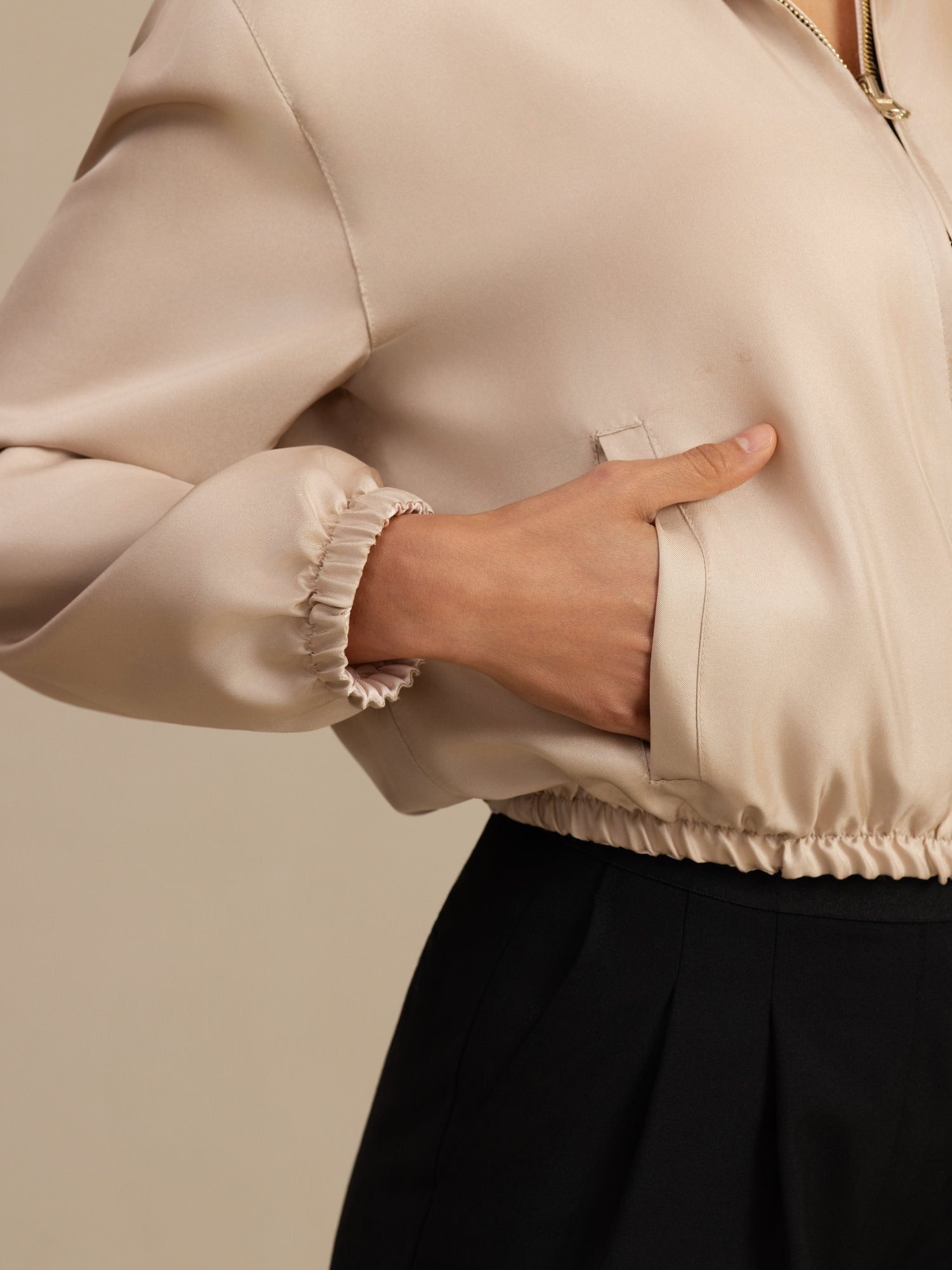 [Tan+Pinkki] SilkSilky-FI 18Momme Pitkähihainen Pystykaulus Naisten Päällysvaatteet 006