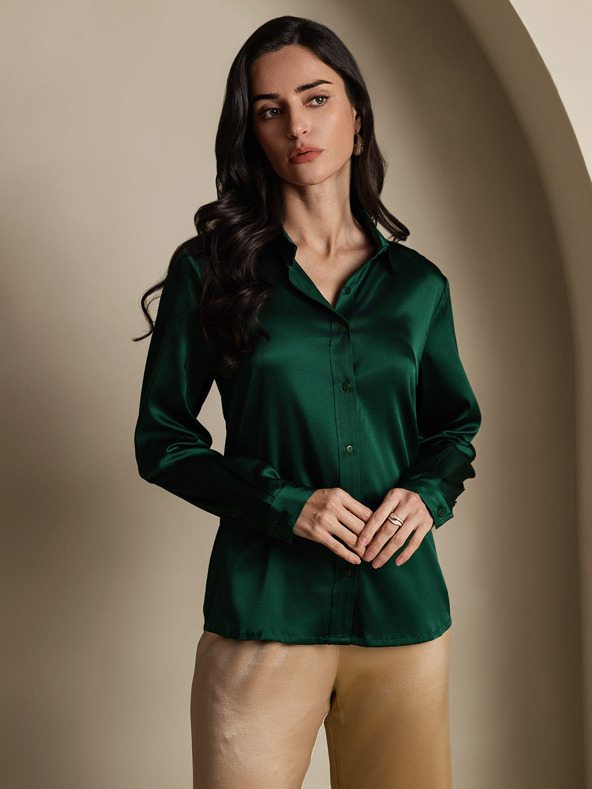 [Tummanvihreä] SilkSilky-FI 19Momme Silk Long Sleeve Collar Naisten paita 003