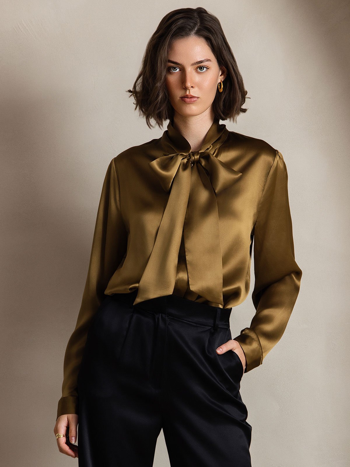 [Ruskea] SilkSilky-FI 19Momme Silk Long Sleeve Tie Neck Naisten paita 003