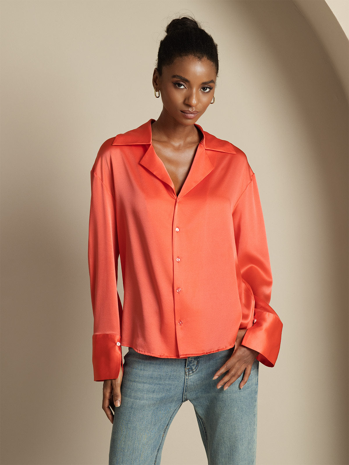 [Keisarillinen Punainen] SilkSilky-FI 19Momme Notch Collar Naisten paita 005
