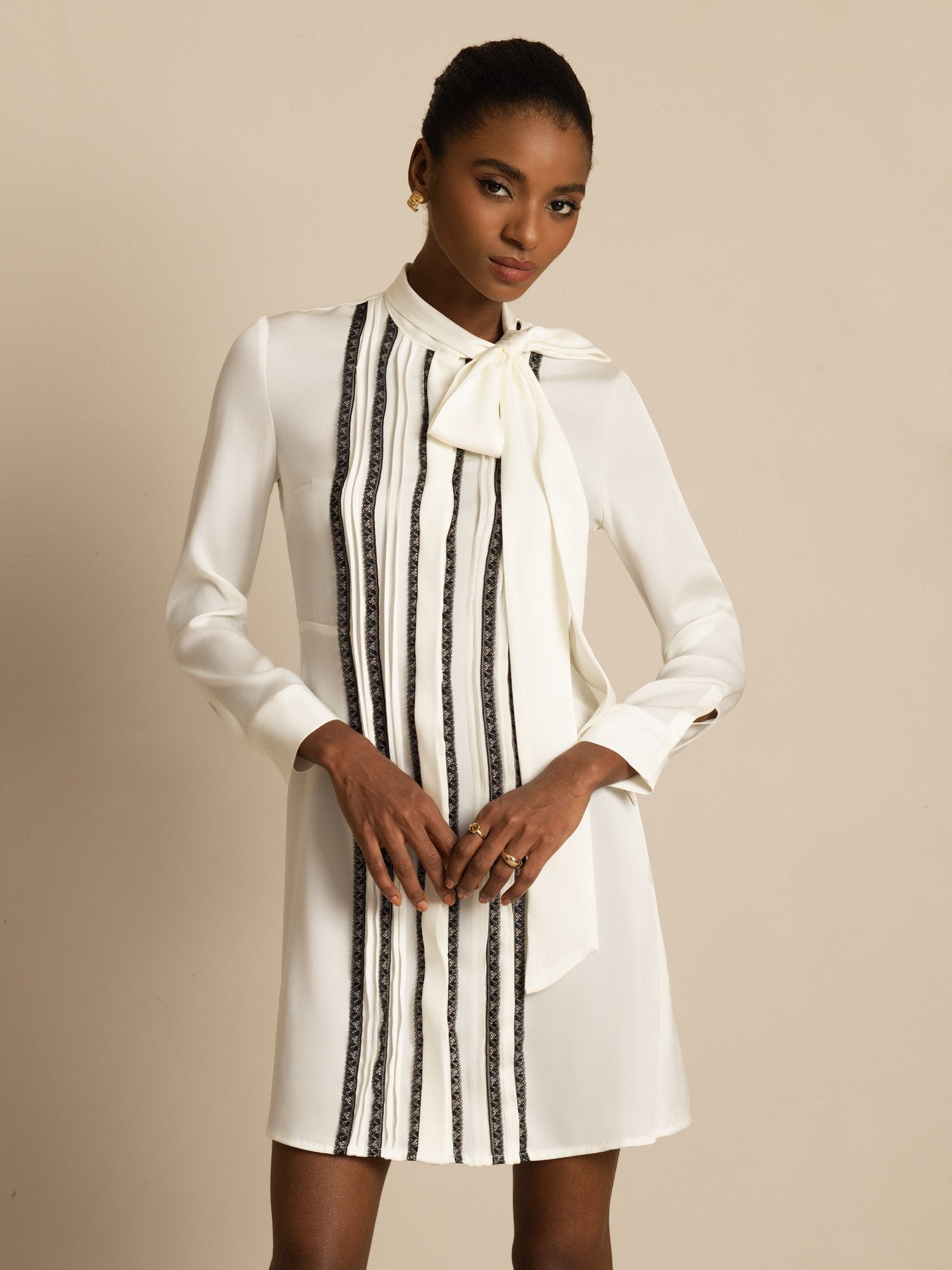 [Valkoinen] SilkSilky-FI 19Momme Silkki Pitkähihainen Solmukaulus Mekko 003