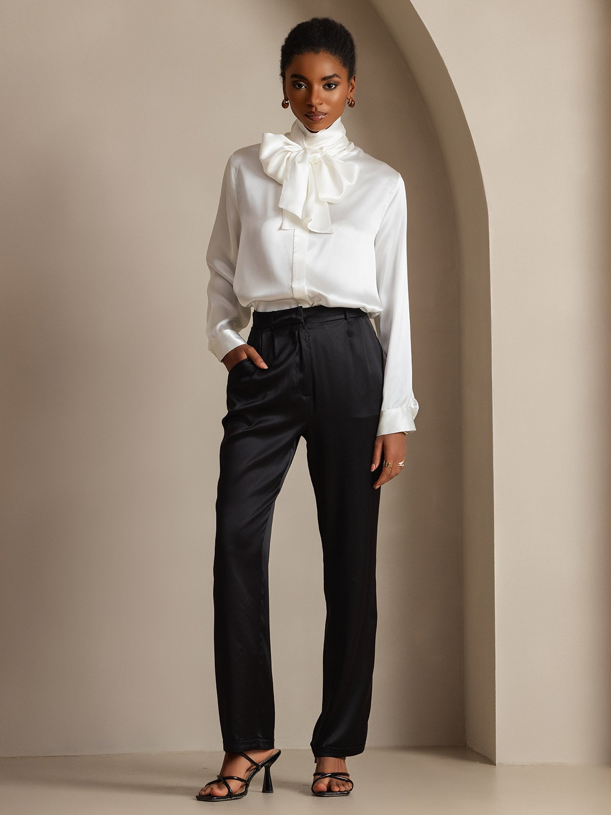 [Valkoinen] SilkSilky-FI 19Momme Womens Shirt 008