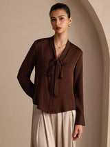 [Tumma Suklaa] SilkSilky-FI Long Sleeve Tie Neck Naisten Puserot 003