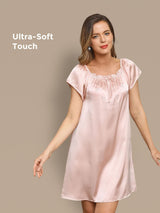[Vaalea Pinkki] SilkSilky-FI Lyhythihainen Hiha Neliskulmainen Kaulus Yöpaita 001