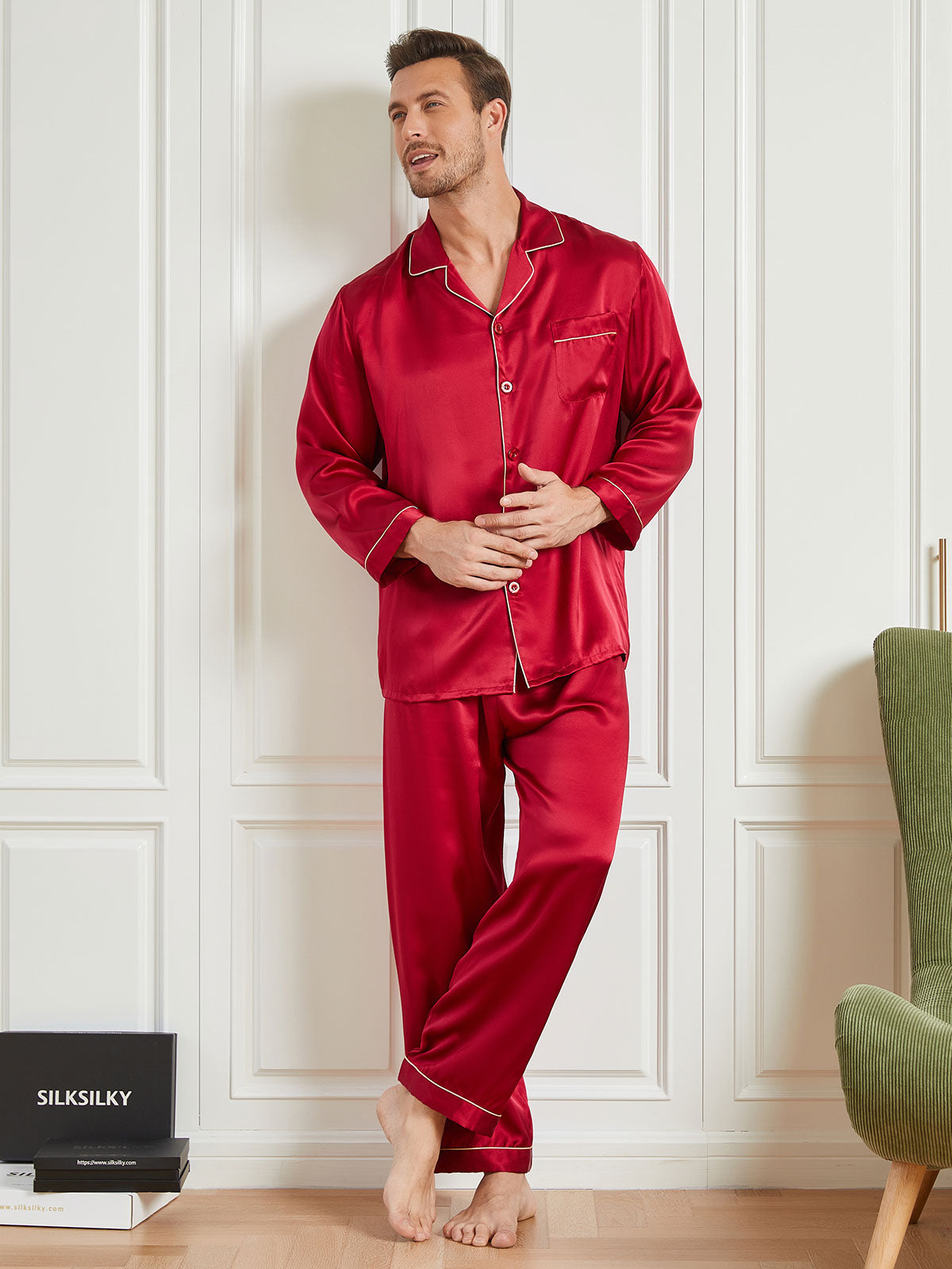 [Punainen] SilkSilky-FI 19Momme Mens Pajamas 002