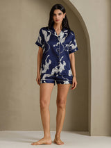 [Laivastonsininen Gepardi] SilkSilky-FI Short Sleeve Notch Collar Naisten Pyjamat 007