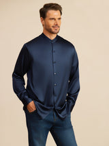 [Tummansininen] SilkSilky-FI Long Sleeve Stand Collar Miesten Paita 006