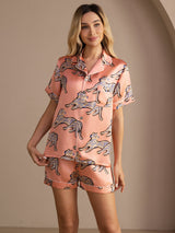 [Vaaleanpunainen Kissa] SilkSilky-FI Short Sleeve Lapel Collar Naisten Pyjamat 003