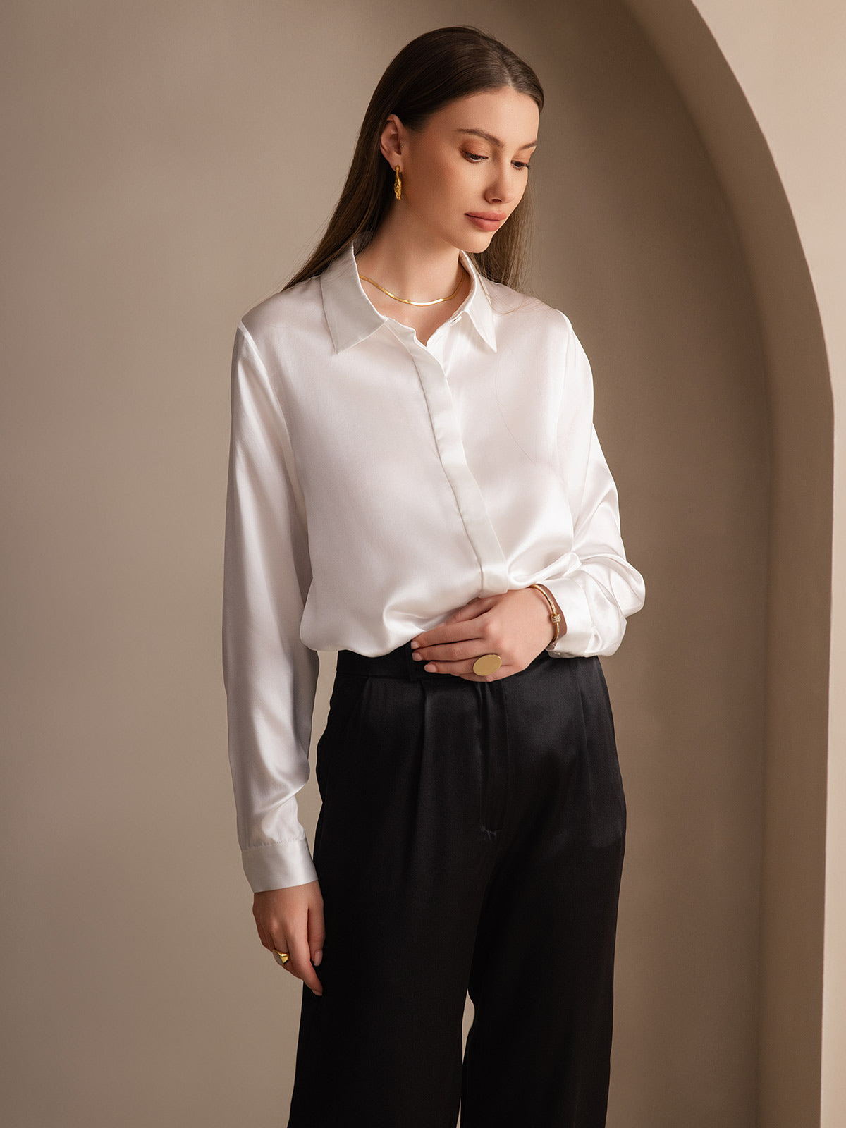 [Valkoinen] SilkSilky-FI 19Momme Lapel Collar Naisten paita 006