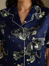 [Laivastonsininen Leijona] SilkSilky-FI Short Sleeve Notch Collar Naisten Pyjamat 005
