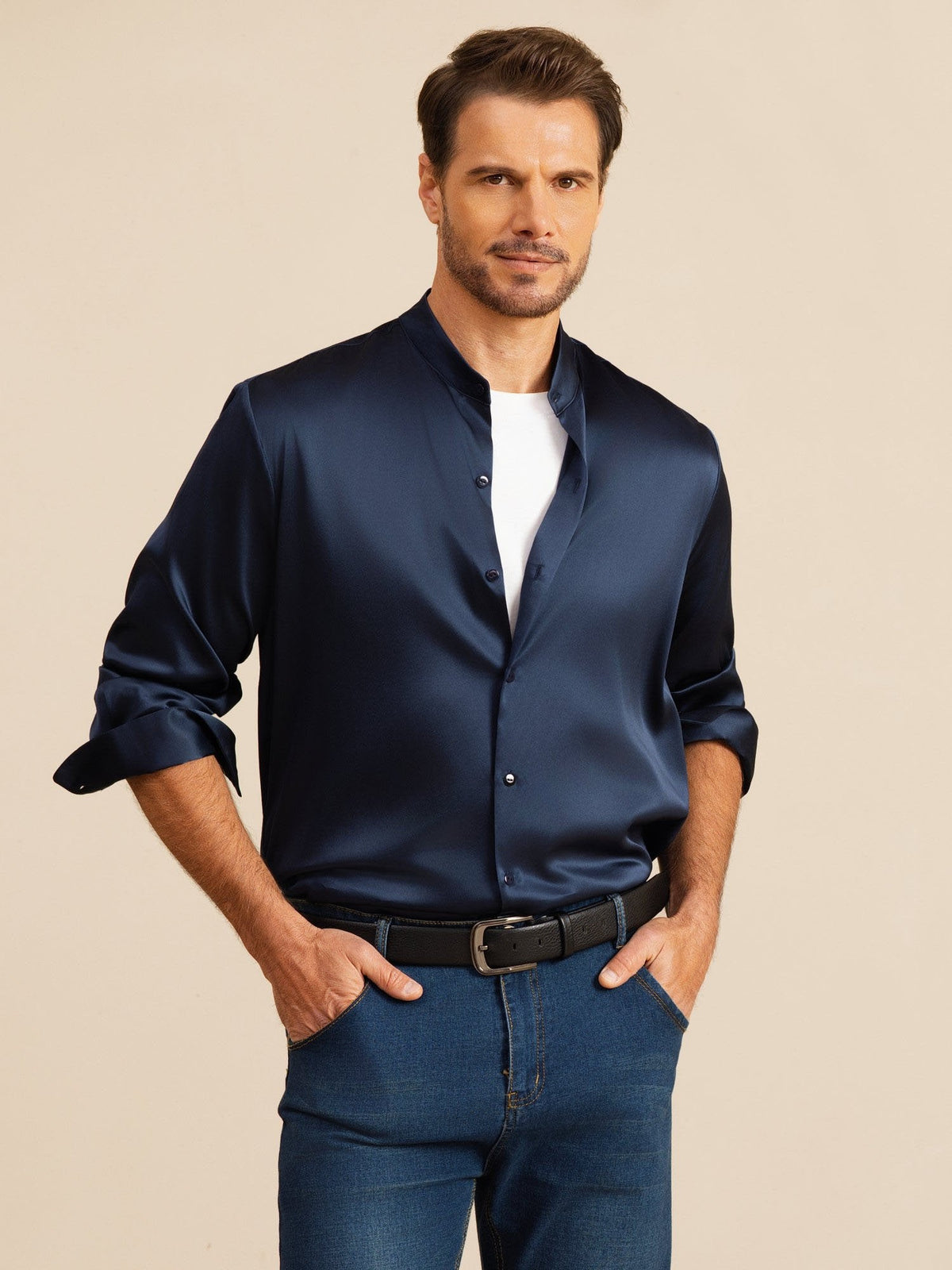 [Tummansininen] SilkSilky-FI Long Sleeve Stand Collar Miesten Paita 001