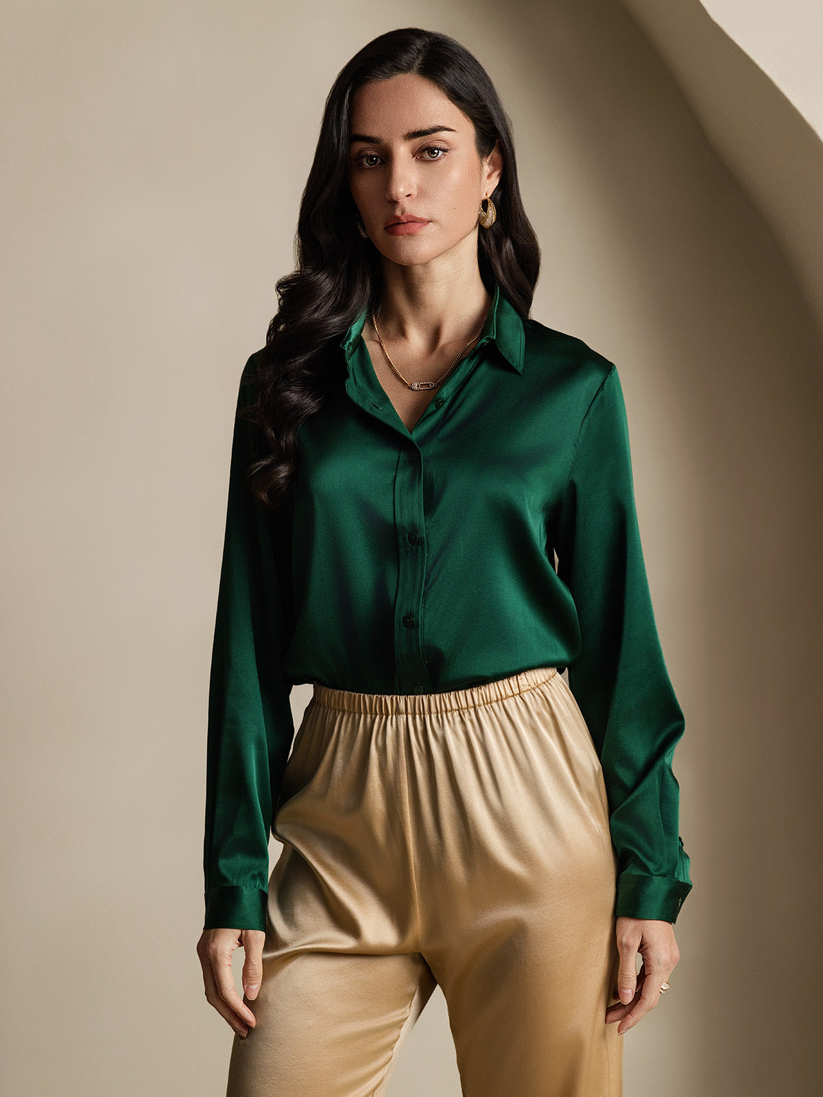 [Tummanvihreä] SilkSilky-FI 19Momme Silk Long Sleeve Collar Naisten paita 006