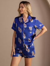 [Laivastonsininen Merihevonen] SilkSilky-FI Short Sleeve Lapel Collar Naisten Pyjamat 001