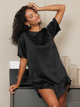 [Musta] SilkSilky-FI Short Sleeve Round Neck Naisten Pyjamat 002