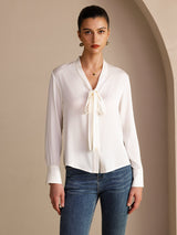 [Valkoinen] SilkSilky-FI Long Sleeve Tie Neck Naisten Puserot 001