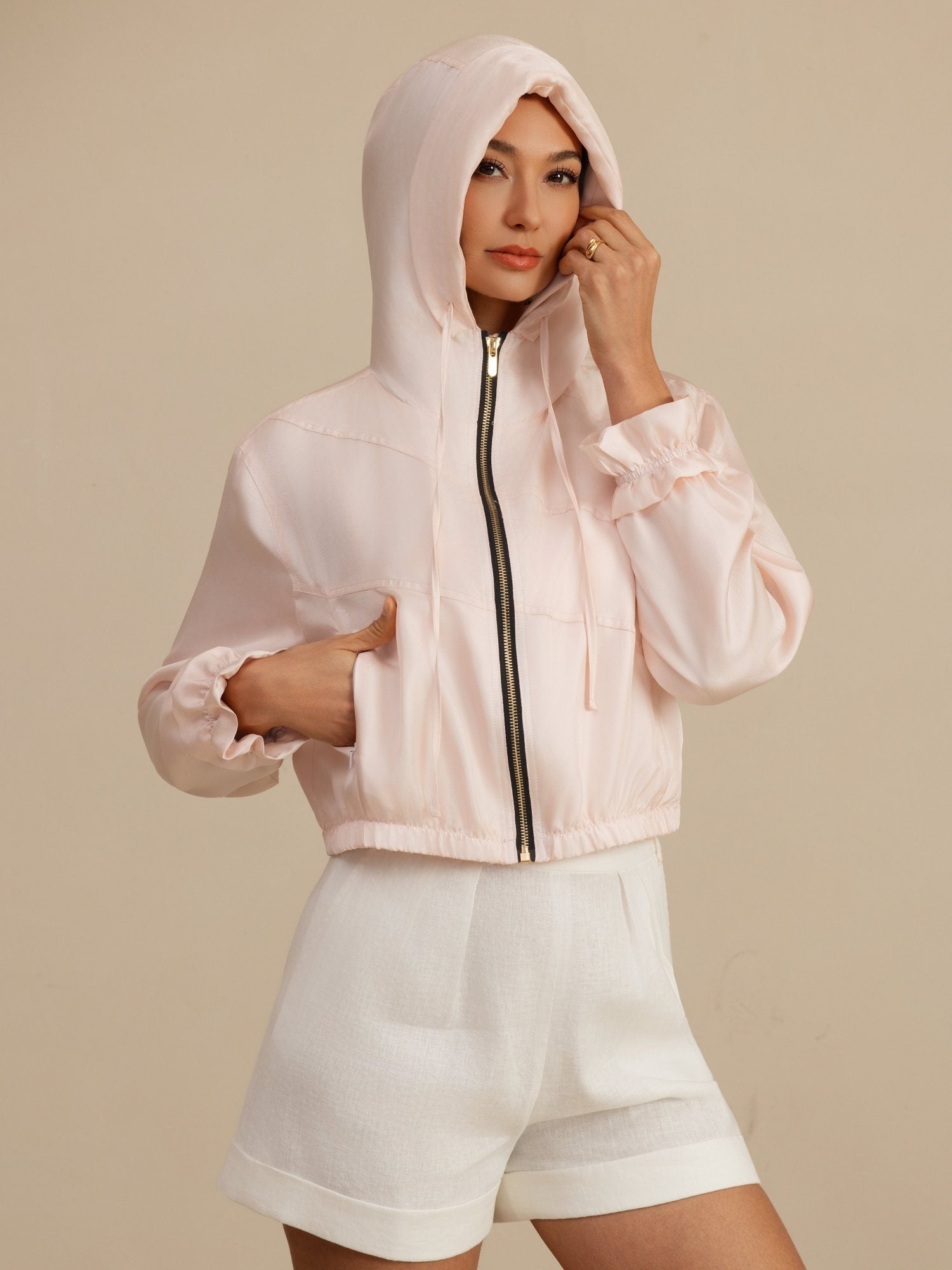 [Pinkki] SilkSilky-FI 18Momme Pitkähihainen Korkea Kaulus Naisten Päällysvaatteet 006