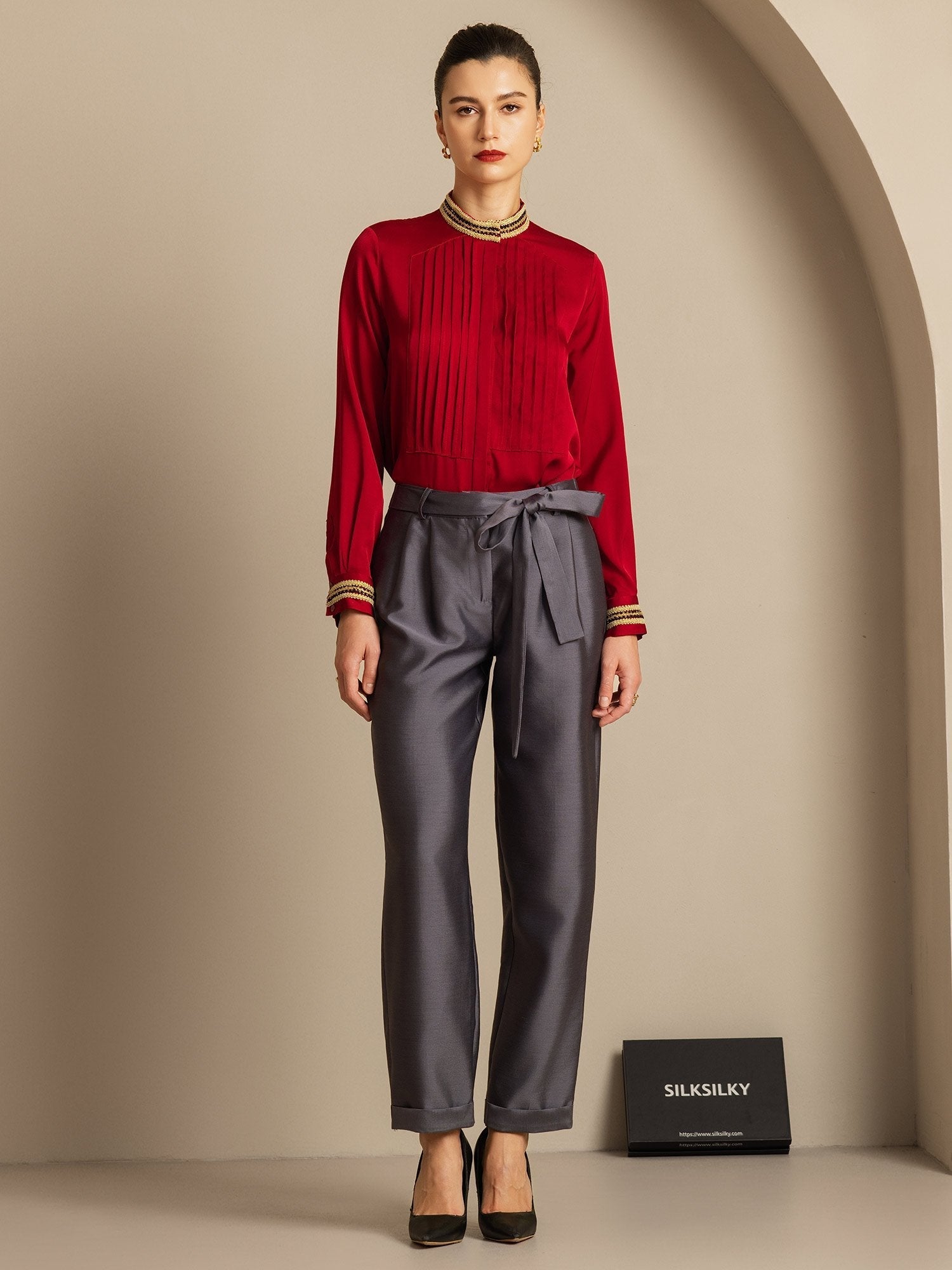 [Harmaa] SilkSilky-FI 32Momme Silk-Wool Blend Womens Pants 006,