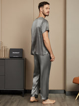 [Tumman Harmaa] SilkSilky-FI Pure Silk Short Sleeve Round Neck Miesten Pyjamat 002