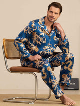[Navy Lohikäärme] SilkSilky-FI Long Sleeve Notkokaulus Miesten Pyjamat 001