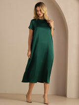 [Tummanvihreä] SilkSilky-FI Short Sleeve Round Neck Mekko 004