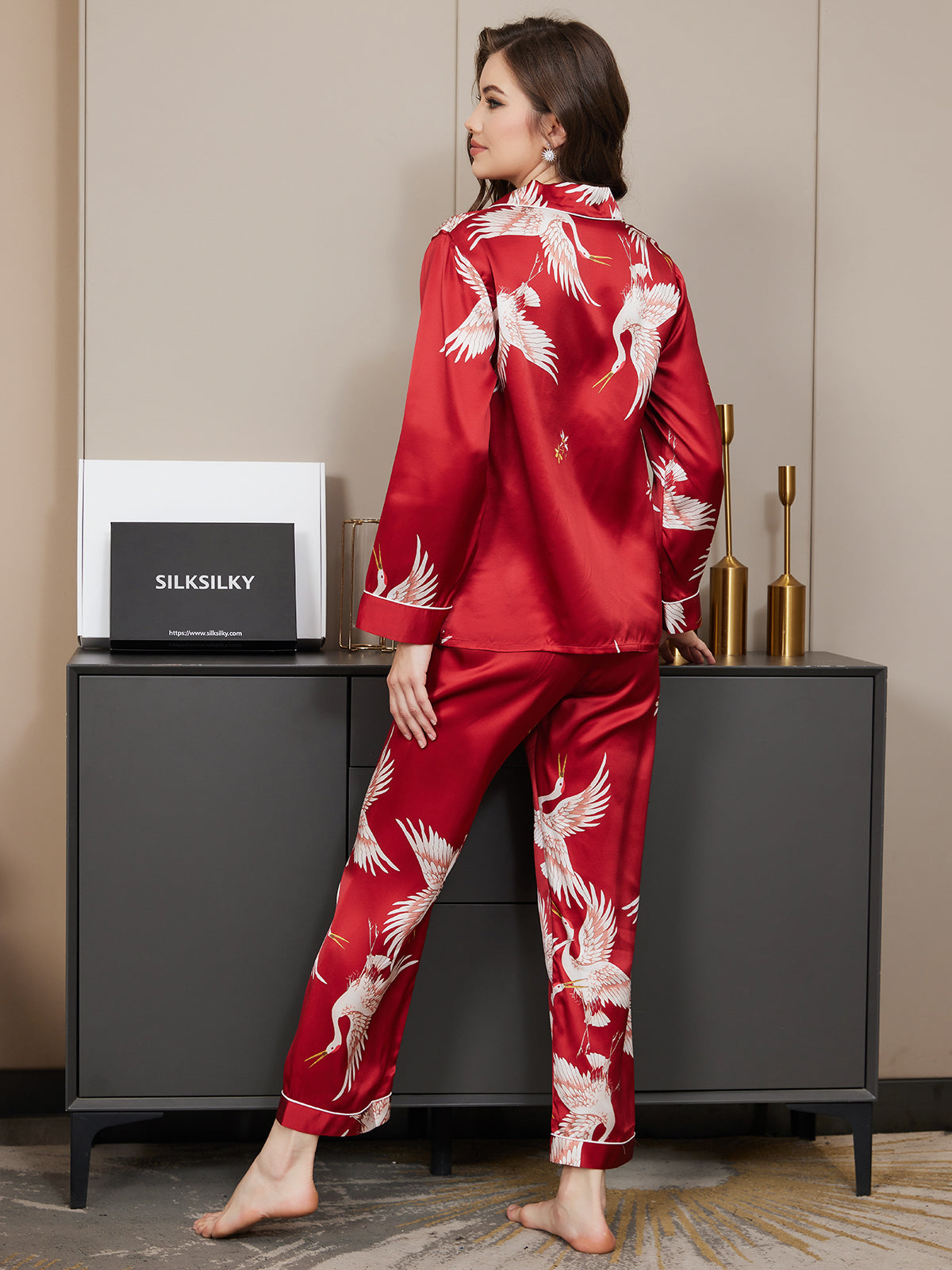 [Tummanpunainen] SilkSilky-FI 19Momme Pure Silk Long Sleeve Lapel Naisten Pyjamat 006