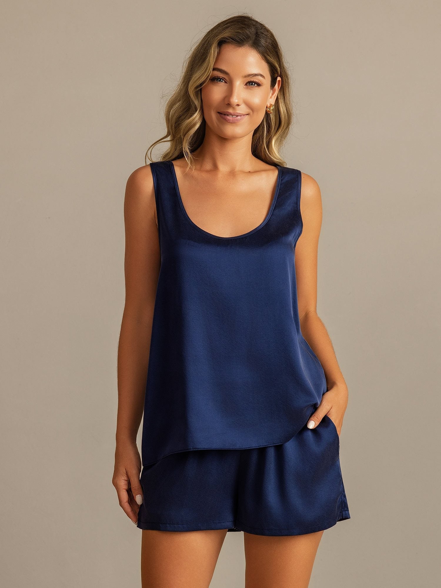 [Tummansininen] SilkSilky-FI 19Momme Womens Pajamas 001