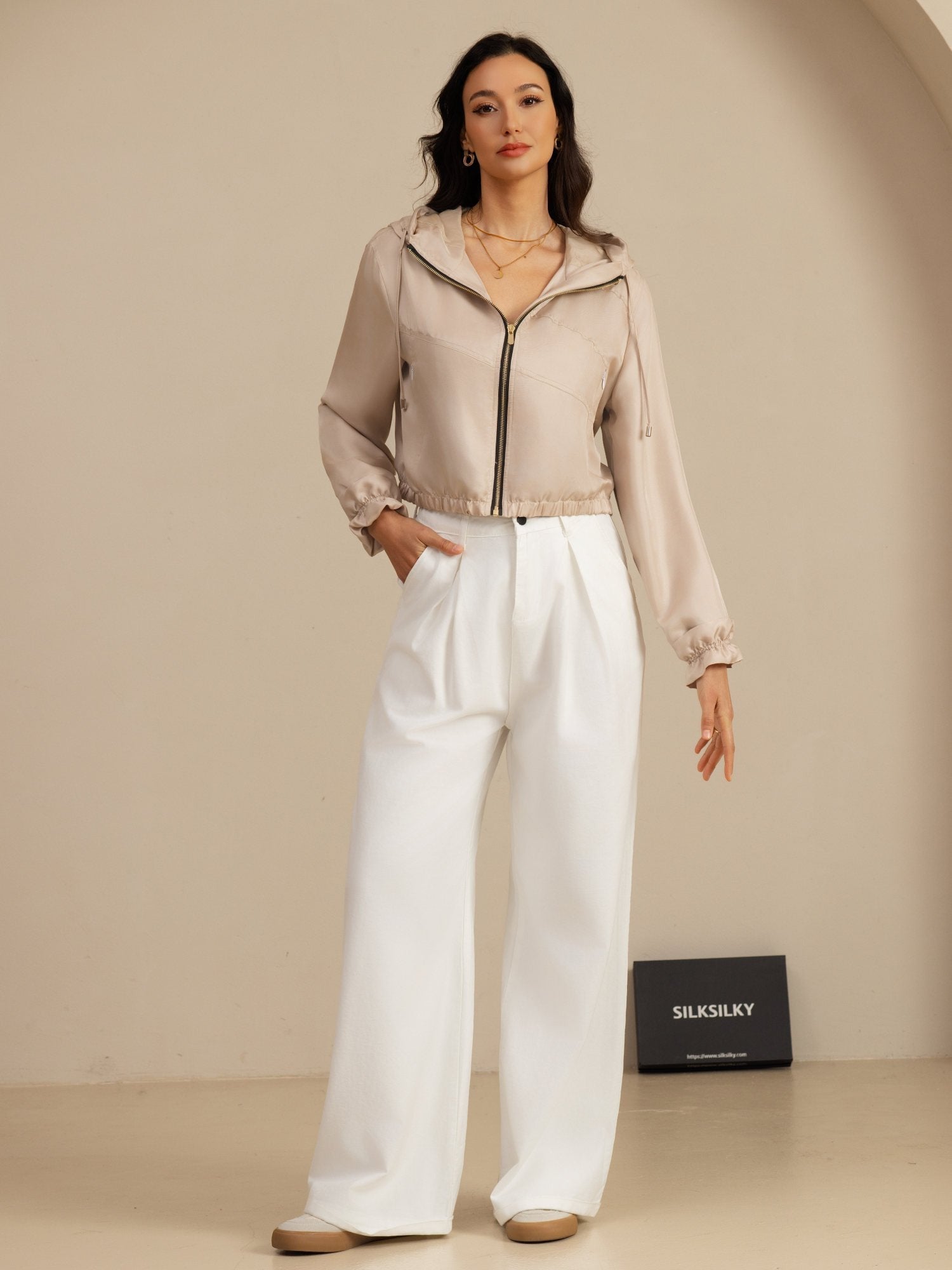 [Tan] SilkSilky-FI 18Momme Pitkähihainen Korkea Kaulus Naisten Päällysvaatteet 008