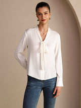 [Valkoinen] SilkSilky-FI Long Sleeve Tie Neck Naisten Puserot 003