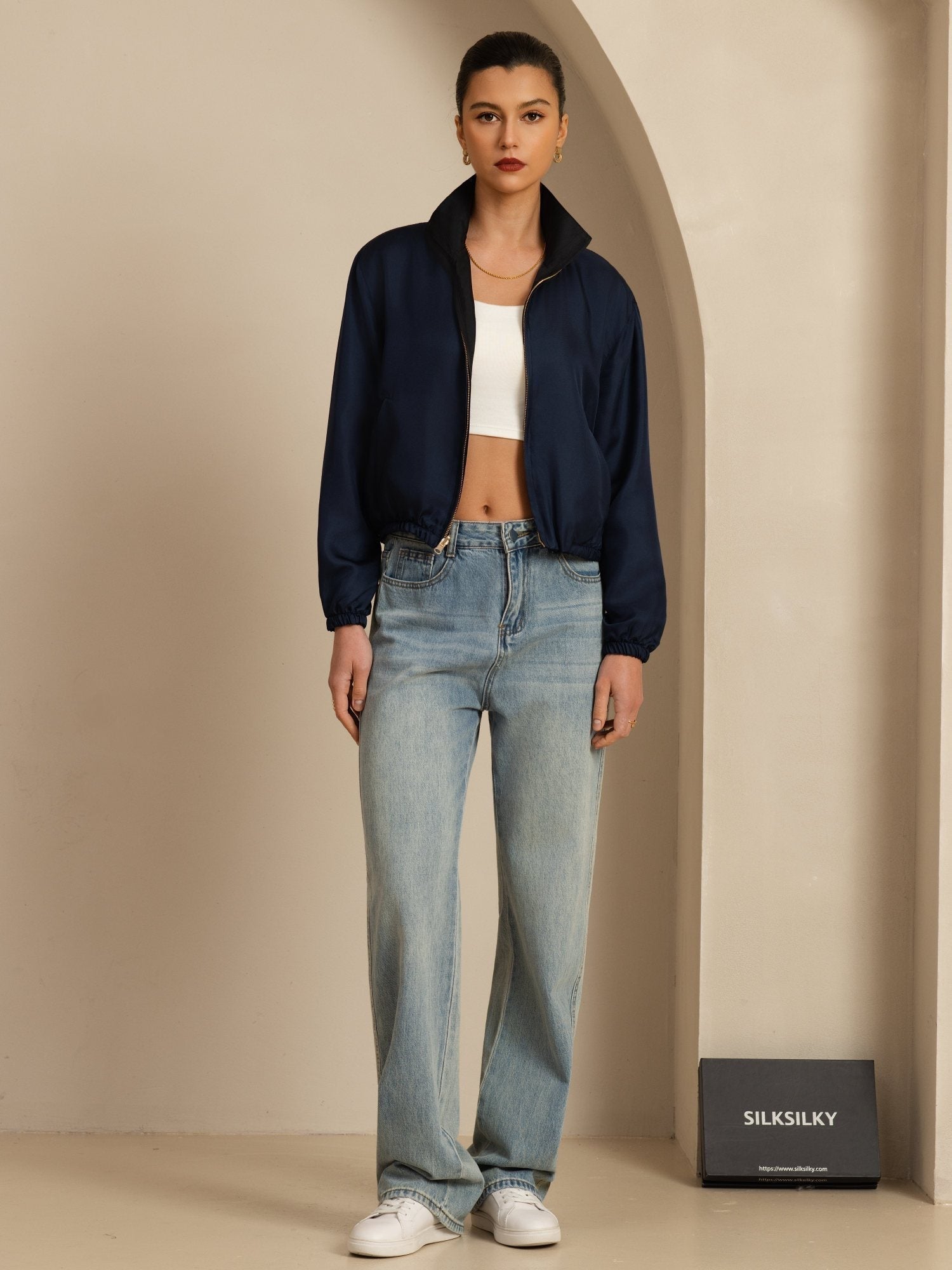 [Musta+Tummansininen] SilkSilky-FI 18Momme Pitkähihainen Pystykaulus Naisten Päällysvaatteet 007