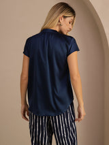 [Tummansininen] SilkSilky-FI Short Sleeve Blouse 002