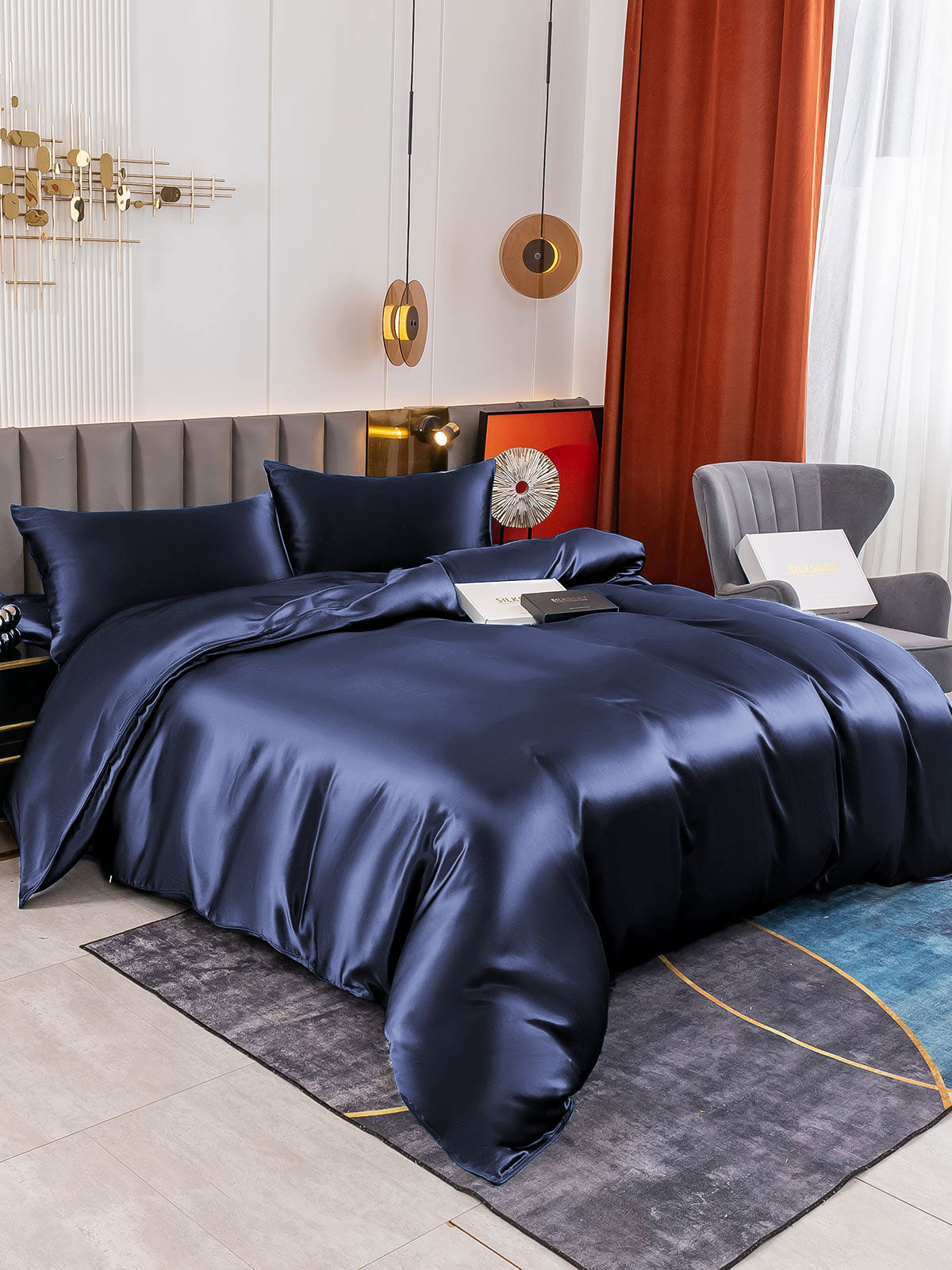 [Tummansininen] SilkSilky-FI 19Momme Bedding Set 005