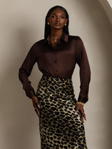 [Tumma Suklaa] SilkSilky-FI Long Sleeve Lapel Collar Naisten paita 004