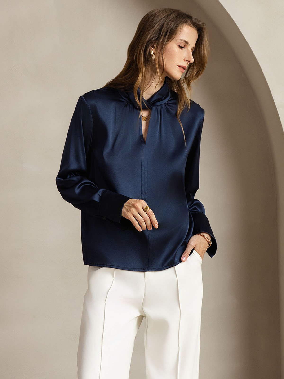[Tummansininen] SilkSilky-FI 19Momme Womens Shirt 006