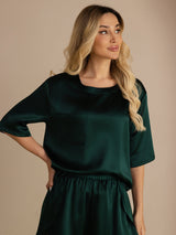 [Tummanvihreä] SilkSilky-FI Short Sleeve Round Neck Naisten Pyjamat 005
