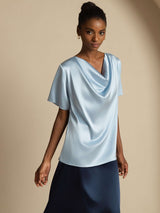 [Harmaansininen] SilkSilky-FI Short Sleeve Cowl Neck Naisten Puserot 005