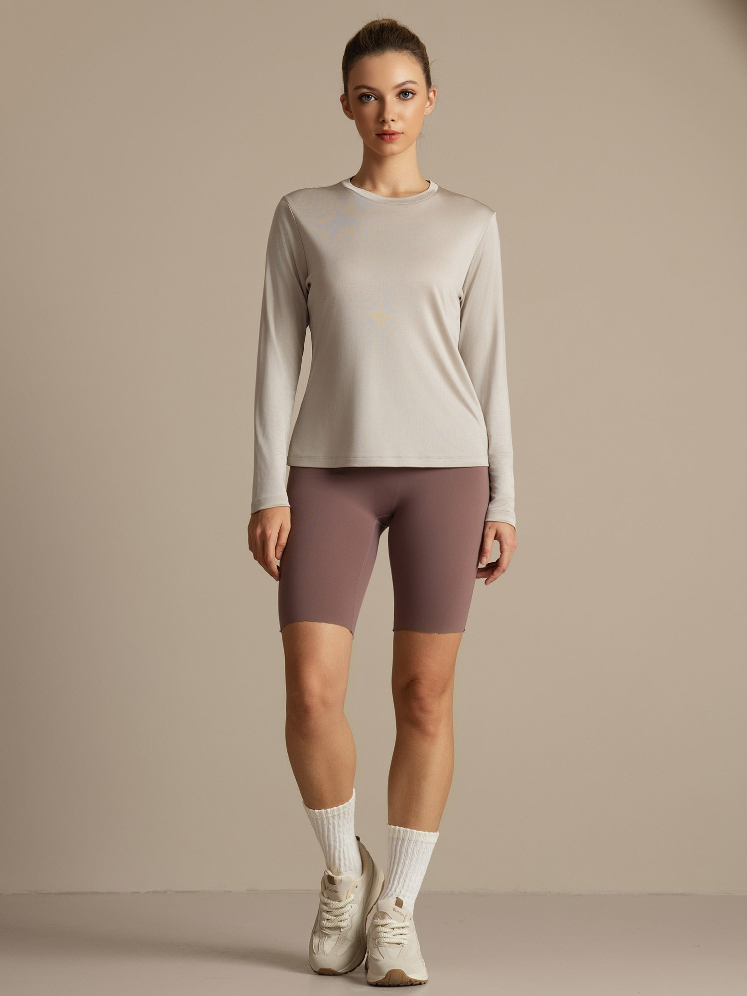 [Harmaa] SilkSilky-FI Pitkähihainen Tiukka Crew Neck Naisten T-paita 008